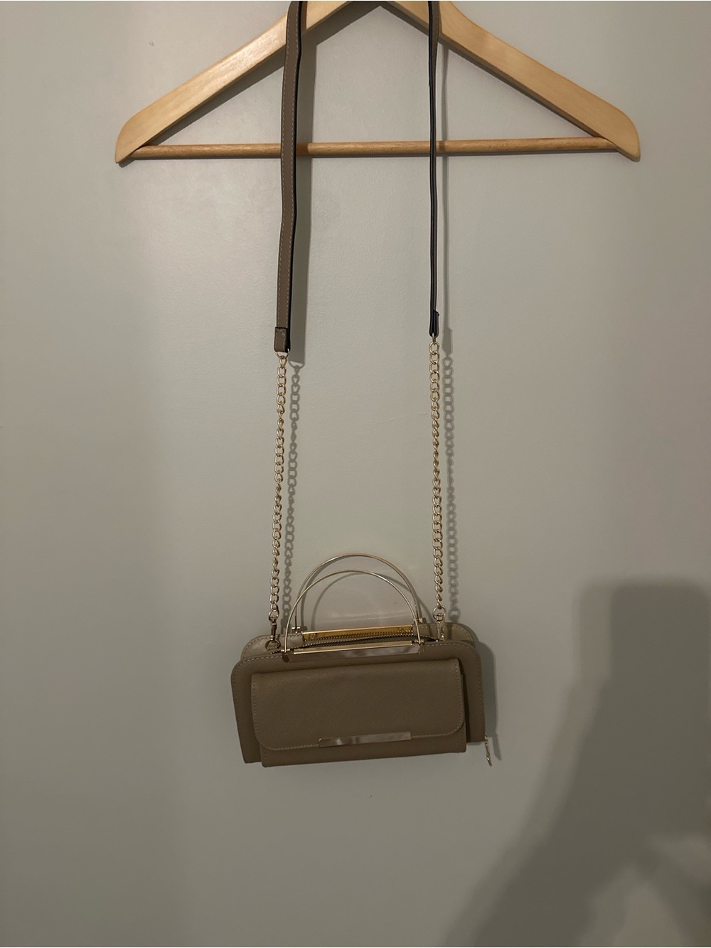 Faux Leather Top Handle Crossbody Clutch Taupe Gold Chain Structured Mini Bag - Picture 2 of 11